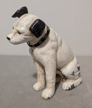 Vintage Cast Iron Nipper Dog Coin Bank Heavy RCA Victor Advertising Still Bank